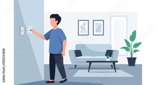 Man Adjusting Thermostat in Modern Living Room.