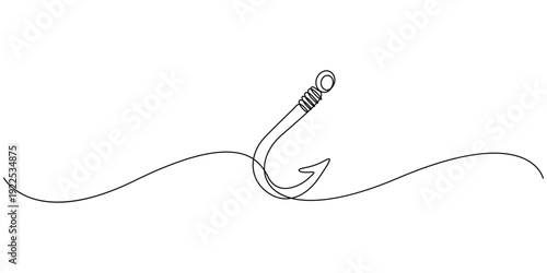Continuous one line drawing of a fishing hook and line vector illustration