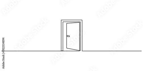 Minimalist, continuous one line modern illustration of an open door isolate vector design 