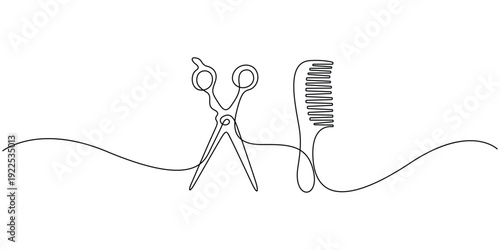 Continuous line drawing art scissors and a comb, Concepts for logo or design element for hair salons or barber shops