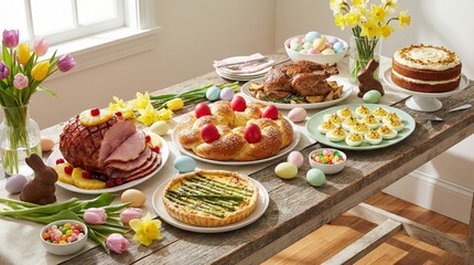 Holiday table spread with glazed ham, roasted chicken, asparagus quiche, deviled eggs, easter bread wreath, carrot cake, chocolate bunnies, colorful dyed eggs, jelly beans, tulips and daffodils