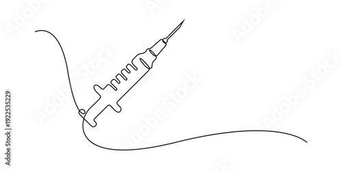 Continuous line drawing of a medical syringe with a needle, Concepts for healthcare, vaccination, or medical 