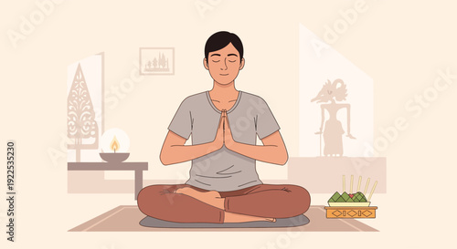 Man Practicing Yoga Meditation at Home.