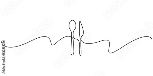 Minimalist, continuous line drawing illustrating a spoon and a fork isolate vector design