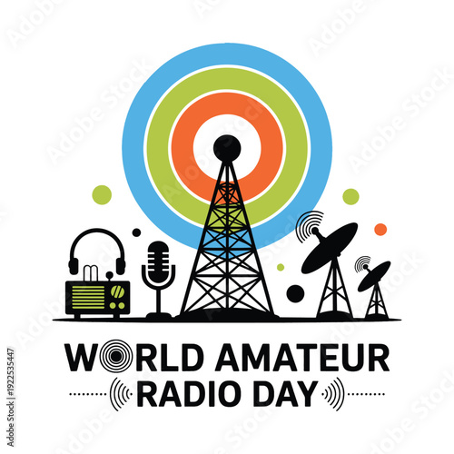 Amateur Radio Day is colorful, with a radio tower and equipment broadcasting 