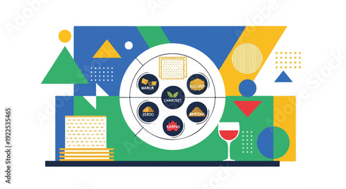 Colorful, geometric abstract illustration with various elements and a wine glass