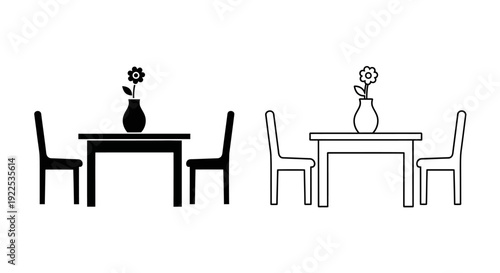 Minimalist dining table set with vase of flowers, simple and modern furniture design Vector