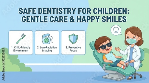 Pediatric dentist interacting with a happy boy in a dental chair, illustrating a child-friendly environment, low-radiation imaging, and a preventive focus for oral healthcare