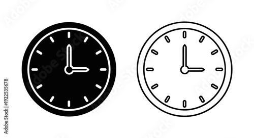 Two clocks showing different times, clock, time, design, vector, illustration, art, graphic, digital, wall, decor, modern, minimalist, simple, clean, black and white Vector