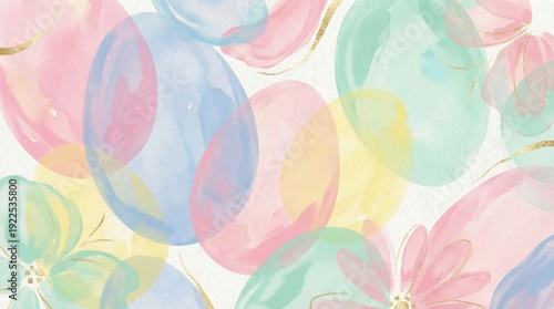 Abstract watercolor easter egg pattern showcasing pastel colors like pink, blue, yellow, and green, with subtle golden floral accents creating a festive and artistic spring background