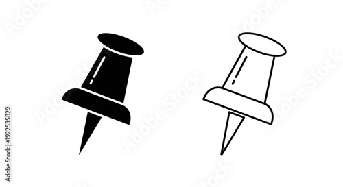 Two push pins, thumbtacks, or drawing pins on white background, black and white Vector
