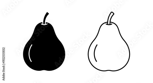 Black and white pear illustration, simple fruit drawing, minimalist design. Vector