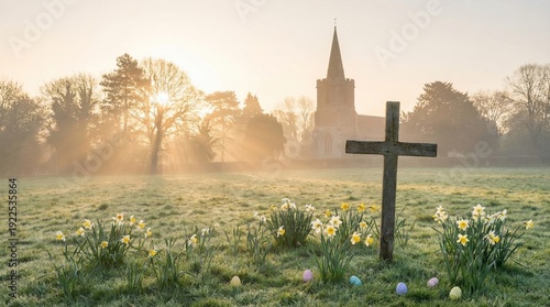 Wooden cross in a misty spring meadow with daffodils and colorful easter eggs, church spire and sun rays breaking through trees, symbolizing resurrection and hope