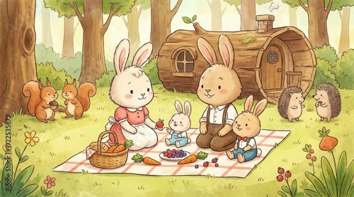 Rabbit family picnic on a blanket near a cozy log house in a whimsical watercolor forest, with squirrels sharing an acorn and hedgehogs playing among berries and trees