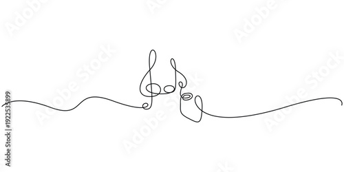 Minimalist continuous line drawing of a treble clef and musical notes isolate vector design 