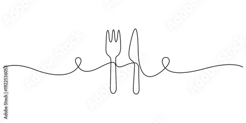 Continuous line art illustration of a fork and a knife, minimalist icon for dining, restaurants, or kitchen branding