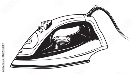 Black and white illustration of a traditional steam iron with cord and controls for household use.