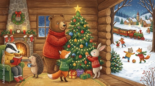 Woodland animals decorating a christmas tree inside a warm log cabin while other animals are playing in the snowy village outside with a passing train