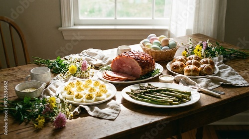 Rustic wooden table set with a centerpiece glazed ham, a platter of deviled eggs, roasted asparagus, hot cross buns, and a basket of colorful easter eggs, creating a festive spring holiday meal