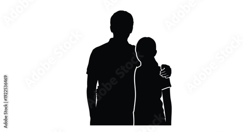 Silhouettes of a father and son standing closely together on a white background