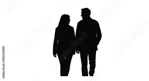Silhouette of a couple walking hand in hand against a plain white background