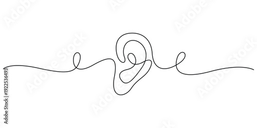 Minimalist, continuous line drawing illustration of a human ear 