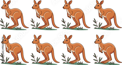 Eight kangaroos hopping and standing in green grass, cute marsupials, Australian wildlife, cartoon illustration