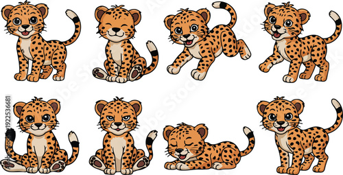 Cute cartoon cheetah cubs, playful baby leopards in various poses, cute animal illustration, happy wild cats