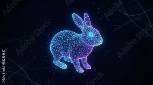 Wireframe rabbit rendered with glowing neon blue and purple interconnected lines and polygons, representing advanced technology, cyberspace, and data connections in a futuristic concept