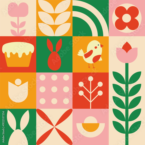 Seamless pattern on the theme of Happy Easter with minimalistic elements: cute rabbits, Easter cake and abstract geometric shapes. The design is made in a modern flat style.