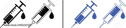 medical syringe icon isolated on white background, vector illustration of vaccine injection with droplet in solid and outline styles for healthcare, immunization, and treatment concepts.