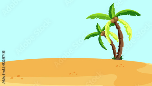 Cartoon tropical island scene illustration featuring palm trees, blue ocean, sandy beach, and vibrant summer vacation background design
