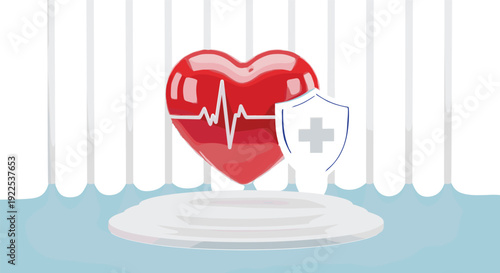 Red heart with shield protection and heartbeat line healthcare insurance concept vector illustration