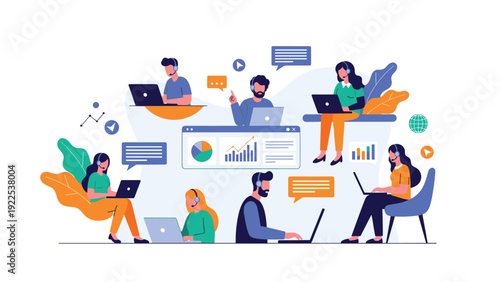 Professional customer service team with headsets working remotely on laptops with floating data and communication icons in an office setting.