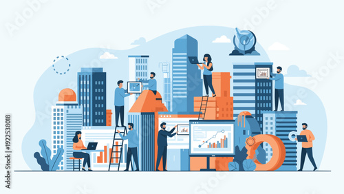 Business team collaborating to build a giant growth chart within a modern city skyline representing corporate success and development.