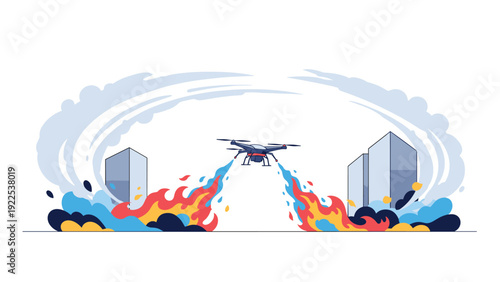 Innovative drone technology is utilized for firefighting operations in urban environments where heavy smoke and flames are present.