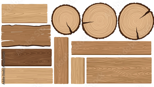 Collection of wooden materials shows various textures including timber planks and circular tree trunk cross-sections on white.