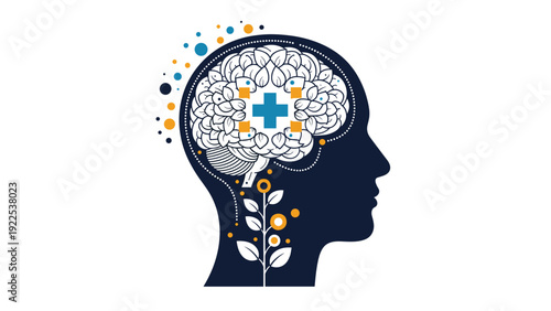 Mental health and cognitive well-being are represented by a human head silhouette featuring a brain and natural elements.