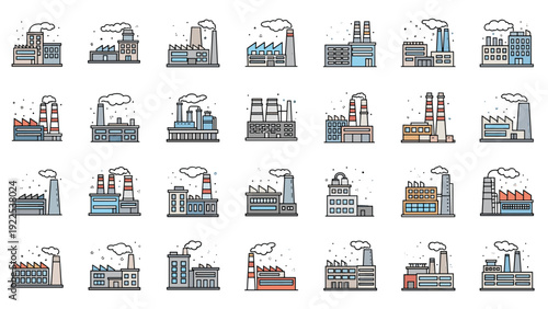 Extensive collection of industrial factory and plant icons representing various manufacturing facilities and energy production sites.