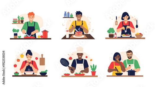 Diverse group of people engages in various cooking activities including chopping vegetables and making pancakes in a kitchen.