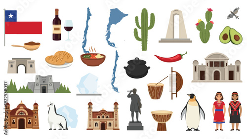 National symbols and cultural icons of Chile are presented through food, landmarks, maps, and the country's national flag.