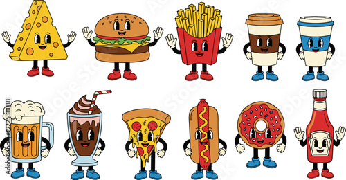 Retro vintage cartoon fast food character collection featuring cute pizza burger fries soda and donut mascots in classic rubber hose style for graphic design projects.