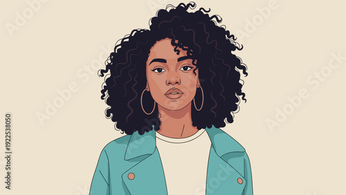 Stylish young woman with voluminous curly hair and large hoop earrings poses against a neutral background in a green jacket.