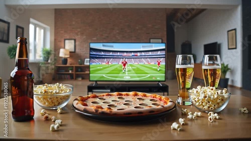 There's pizza, beer, and French fries on the table in the living room with a TV showing football.