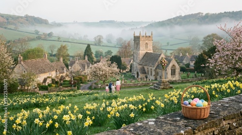 Family strolling toward a historic cotswolds church on an easter morning, misty lanes framed by vibrant daffodils, basket of colored eggs on a stone wall, peaceful rural spring scene