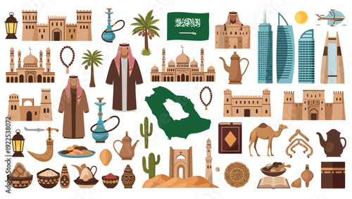 Diverse symbols of Saudi Arabian culture include the national flag, mosques, camels, traditional food, and desert scenery.