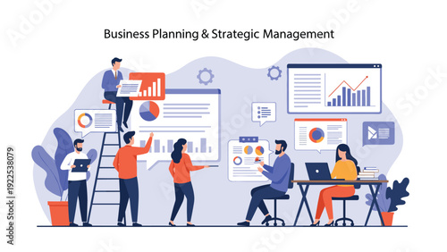 Team of professionals works together on business planning and strategic management using various data charts and graphs.