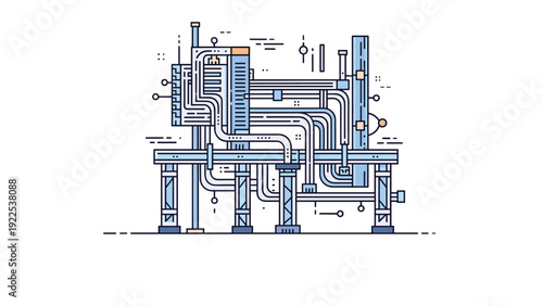 Intricate diagram shows the structure of industrial piping systems and machinery components for manufacturing or processing.