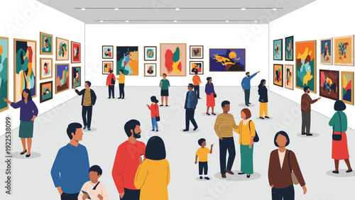 Visitors explore a modern art gallery filled with various colorful abstract paintings displayed on clean white walls.