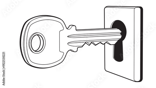 Key in a door lock being turned at the wall entrance.
